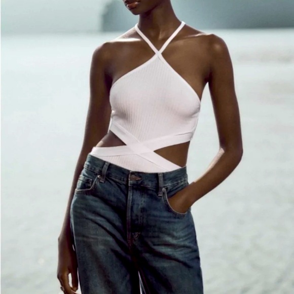 Zara Tops - New Zara  White Ribbed cutout Bodysuit